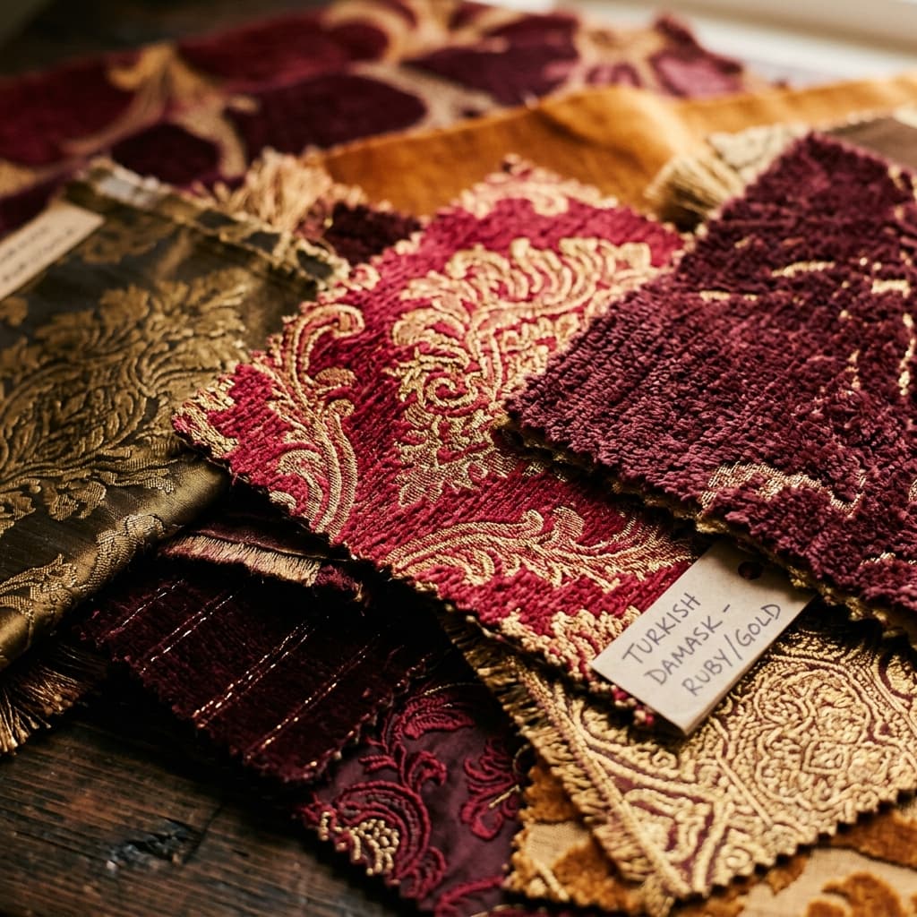 Luxurious Turkish jacquard and chenille fabric swatches in ruby, burgundy and gold damask patterns