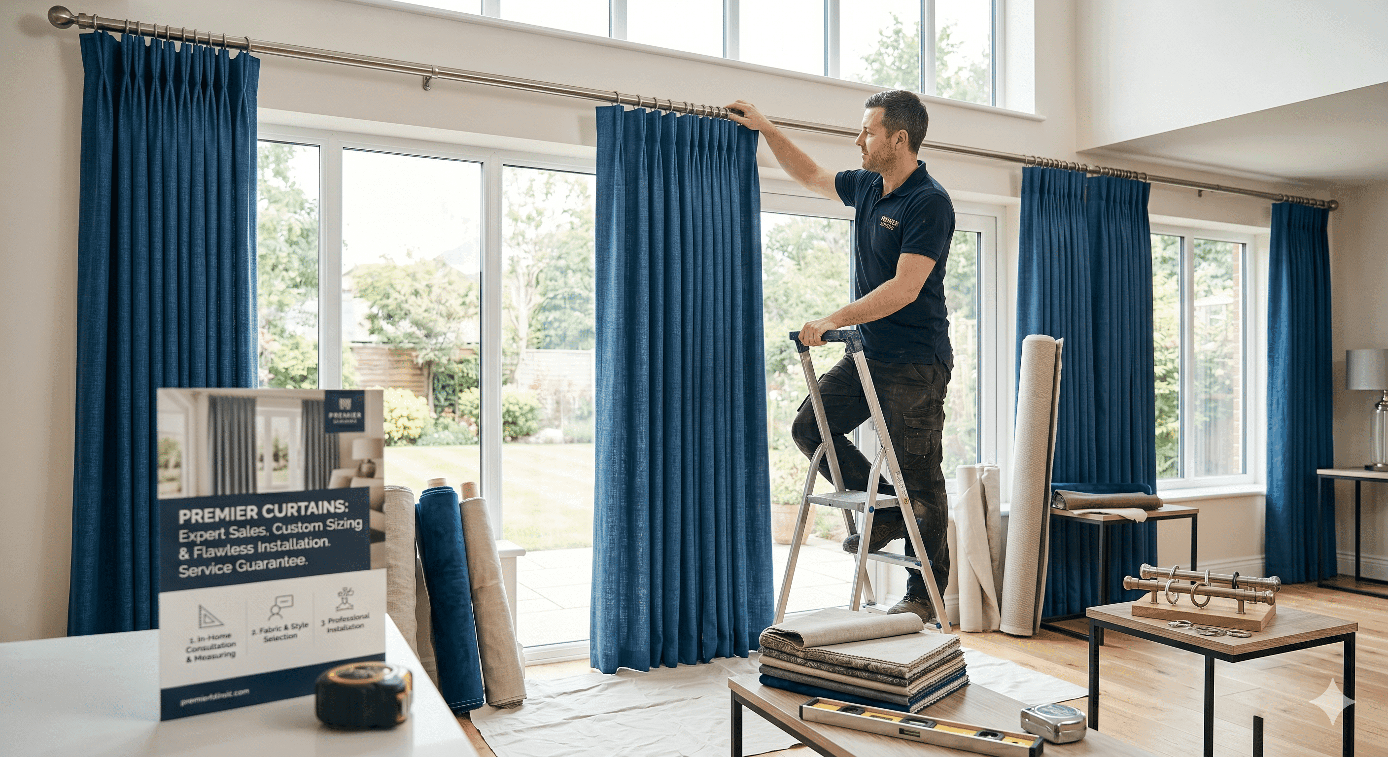 Elegant navy and white pleated curtains with tiebacks framing a window