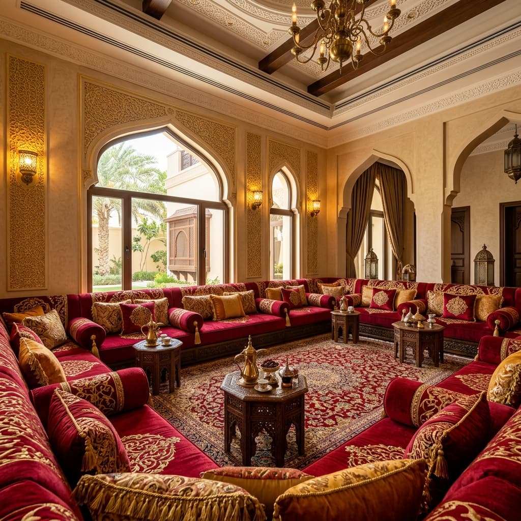 Elegant Arabic majlis with upholstered floor seating and matching cushions along the walls