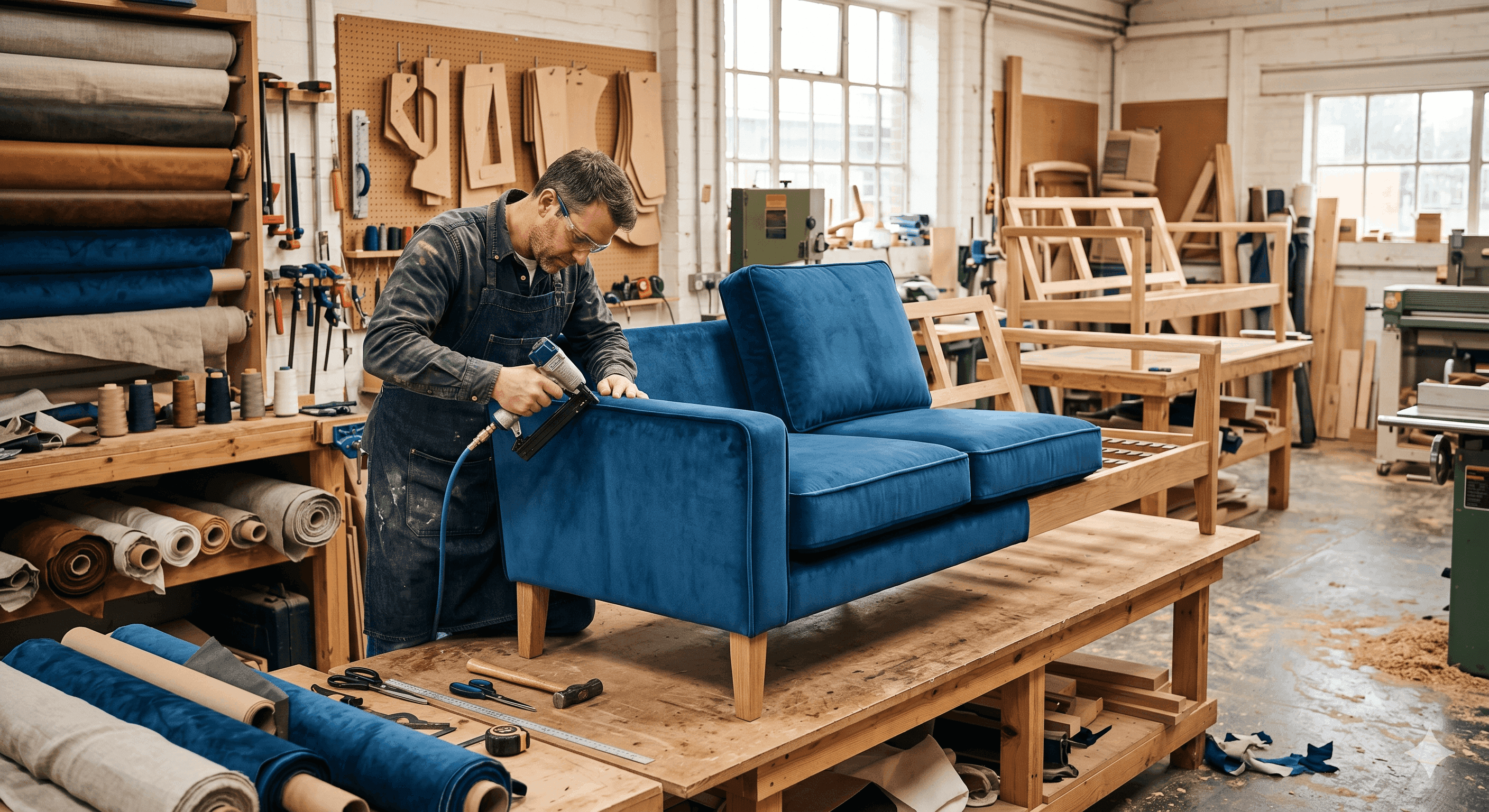 Green and grey modular sofa being crafted beside a sewing machine in an upholstery workshop