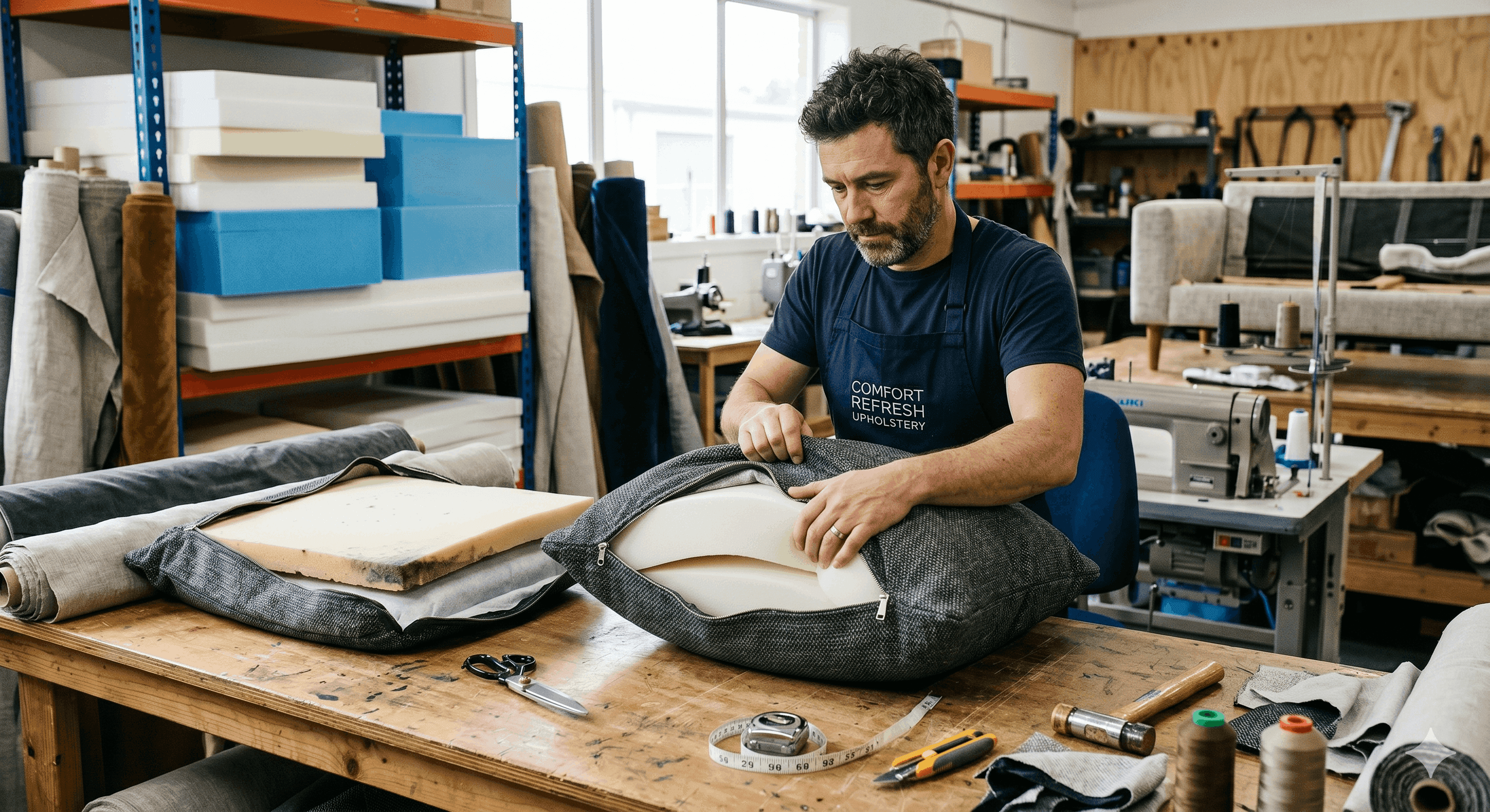 Plush sofa cushions being refilled with new high-density foam in an upholstery workshop