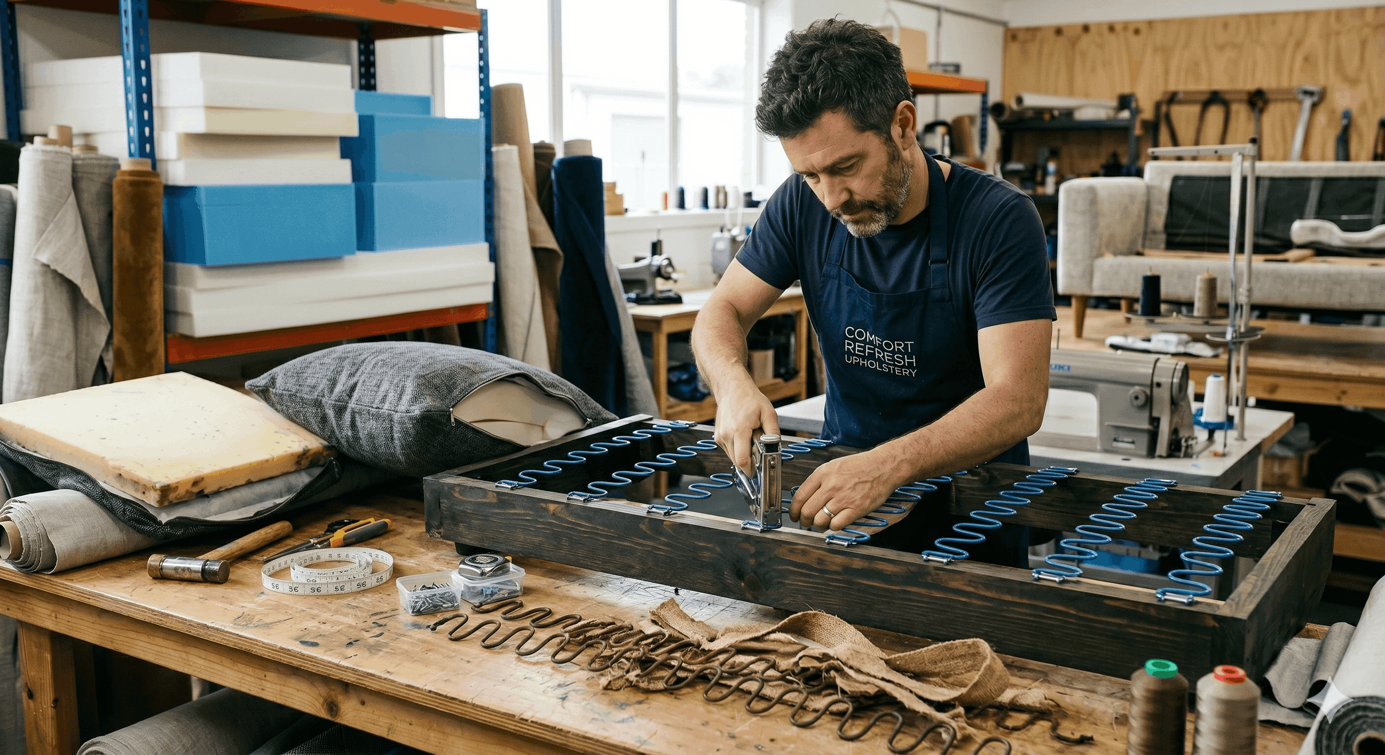 Craftsman repairing the springs and webbing inside a sofa seat frame