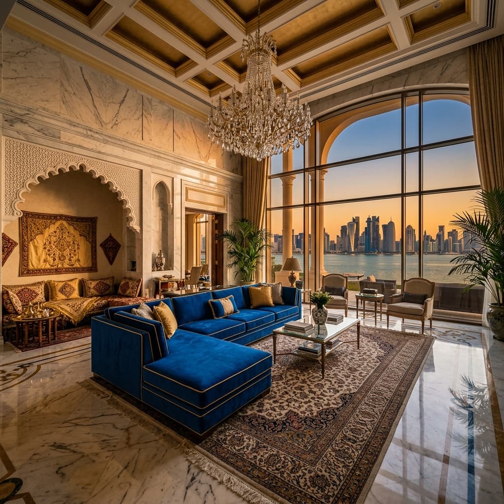 Luxurious Doha villa living room with blue velvet sofa and Arabic majlis at golden hour