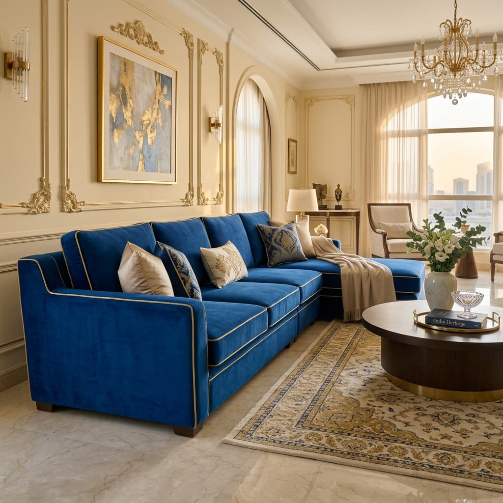 Royal-blue velvet L-shaped sofa with gold accent piping in an elegant Doha living room